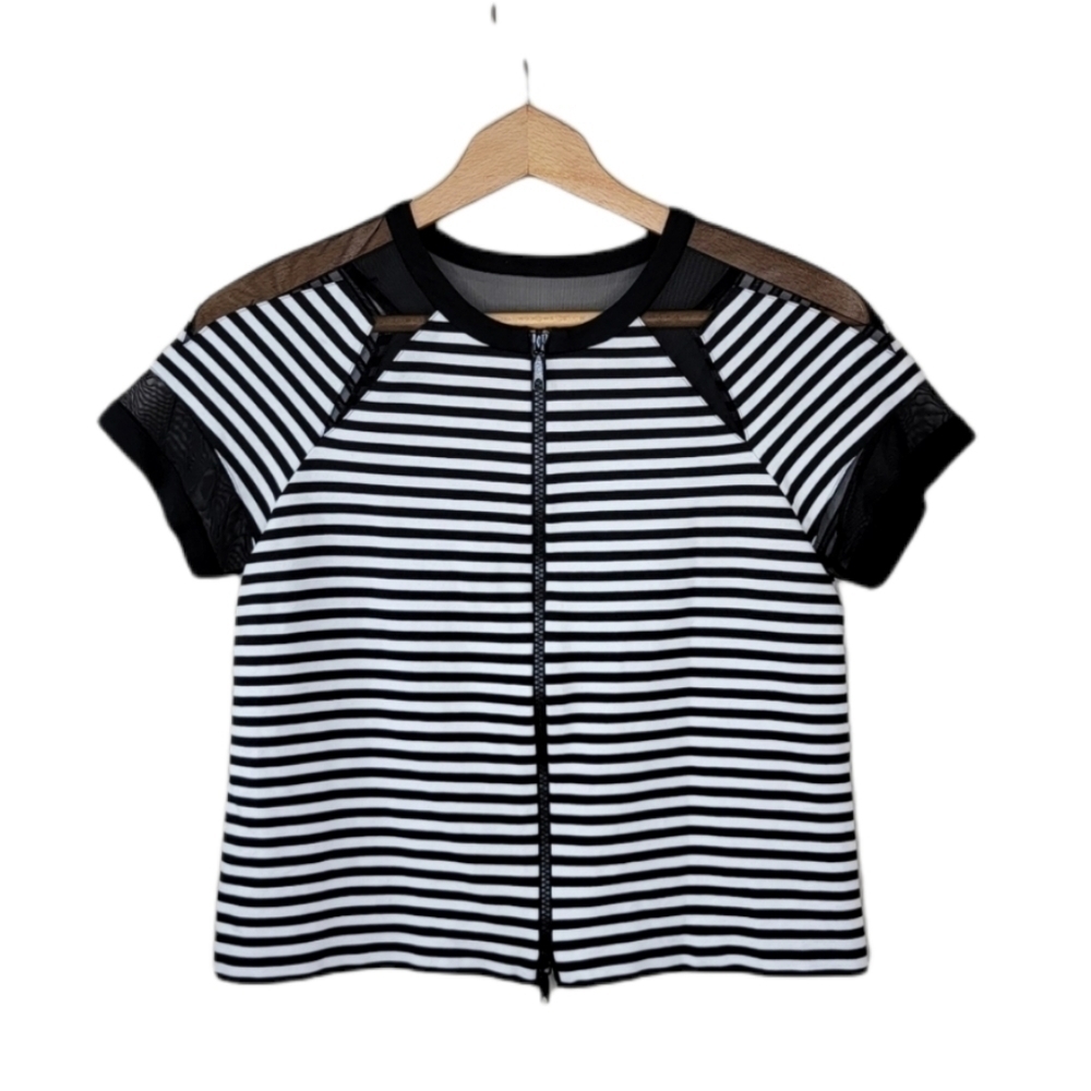 Lafayette 148 | Black & White Striped Front Zip Top Mesh Inserts